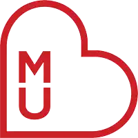 a red heart with the letter m and u on it
