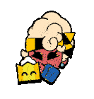 a cartoon character is blowing a bubble with a heart on his head .