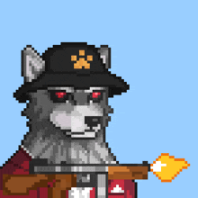 a pixel art of a dog wearing a black hat and holding a gun