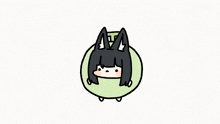 a cartoon girl with black hair and cat ears is sitting on a green cushion .