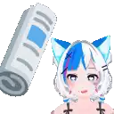 a cat girl with blue and white hair is standing next to a roll of toothpaste .