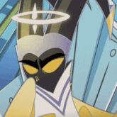 a close up of a cartoon character with a halo around his head