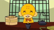 a cartoon monkey is sitting at a table with a bowl of food and a teapot