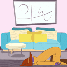 a cartoon drawing of a man laying on the floor in front of a couch with a signature on the wall