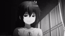 a black and white photo of a sad anime girl looking out a window .