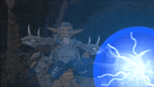 a cartoon character is holding a blue lightning bolt