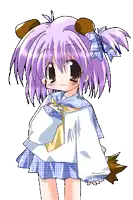a girl with purple hair is wearing a blue plaid skirt and a white shirt