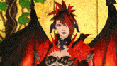 a woman with red hair and black wings is wearing a red and black outfit