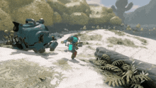 a video game scene with a blue robot and a cartoon character