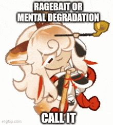 a cartoon of a sheep with the words `` ragebait or mental degradation call it '' on it .