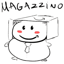 a drawing of a man with a box on his head and the word magazzino below him