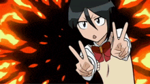 a girl in a school uniform is making a peace sign with her hands