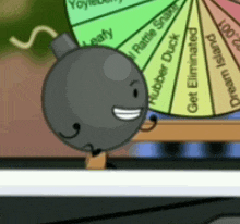 a cartoon bomb is smiling in front of a wheel that says get eliminated rubber duck and dream island .