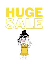 a cartoon character is standing in front of a yellow sign that says " huge sale "