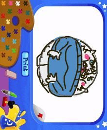 a drawing of a globe with a print button on the bottom