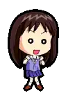a pixel art drawing of a girl with long brown hair and a purple shirt and skirt .