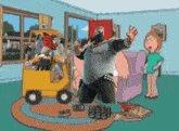 a cartoon of a man standing in front of a forklift with a stuffed animal in it