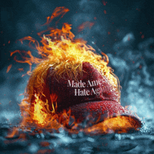 a red hat that says made america hate again on it