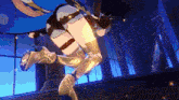 a cartoon character with a blue cape and high heels is standing in front of a window