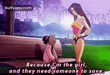 wonder woman is standing next to a little girl sitting on a bench .