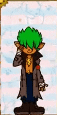 a cartoon character with green hair is wearing a trench coat and a necklace .