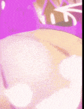 a close up of a girl wearing a hat with a purple background