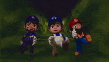 three mario characters are walking in a line with one wearing a blue hat with the letter d on it