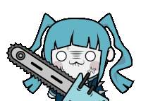 a cartoon drawing of a girl with blue hair holding a chainsaw in her hand