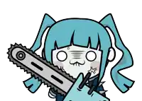 a cartoon drawing of a girl with blue hair holding a chainsaw in her hand