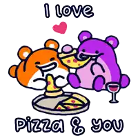 a cartoon of two bears eating pizza and drinking wine with the words " i love pizza & you " below them