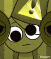 a close up of a cartoon character with a triangle on his hat and glasses .