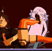 a cartoon of a girl laying on a chair with a cartoon of a man laying on the floor