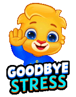 a cartoon bear says goodbye stress with his hand