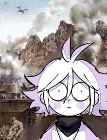 a drawing of a girl with purple hair in front of a mountain range