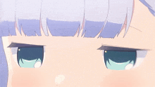 a close up of a girl 's eyes with a purple haircut