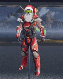 a video game character is dressed as santa claus and has a green helmet on