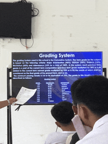 a group of students are sitting in front of a large screen that says grading system