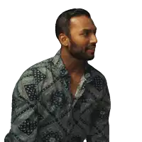 a man with a beard wearing a paisley shirt is smiling