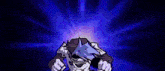 a cartoon character is holding a microphone and screaming in a blue background .
