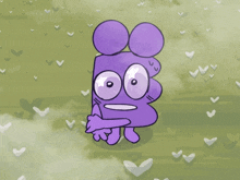 a cartoon drawing of a purple cartoon character with hearts in the background