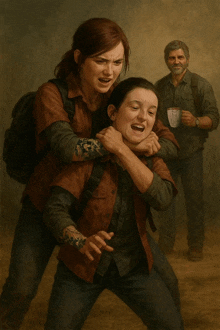 a painting of a man holding a cup of coffee while a woman holds another woman 's neck