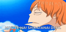 a cartoon character with orange hair says mou-ee-wa shikatanai desu
