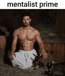 a shirtless man sits in a pile of hay with two goats and the words mentalist prime