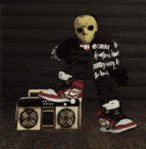 a person wearing a jason voorhees mask is standing next to a boom box