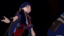 a screenshot of a video game shows a character with asian writing on the bottom