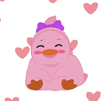 a pink chicken with a purple bow on its head is surrounded by pink hearts