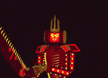 a cartoon drawing of a red robot with a trident on his head