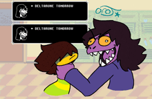 a cartoon drawing of a girl and a monster with the words deltarune tomorrow written on the screen