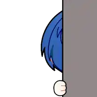 a cartoon drawing of a person with blue hair peeking out from behind a wall
