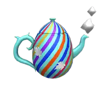 a colorful striped teapot with a blue handle